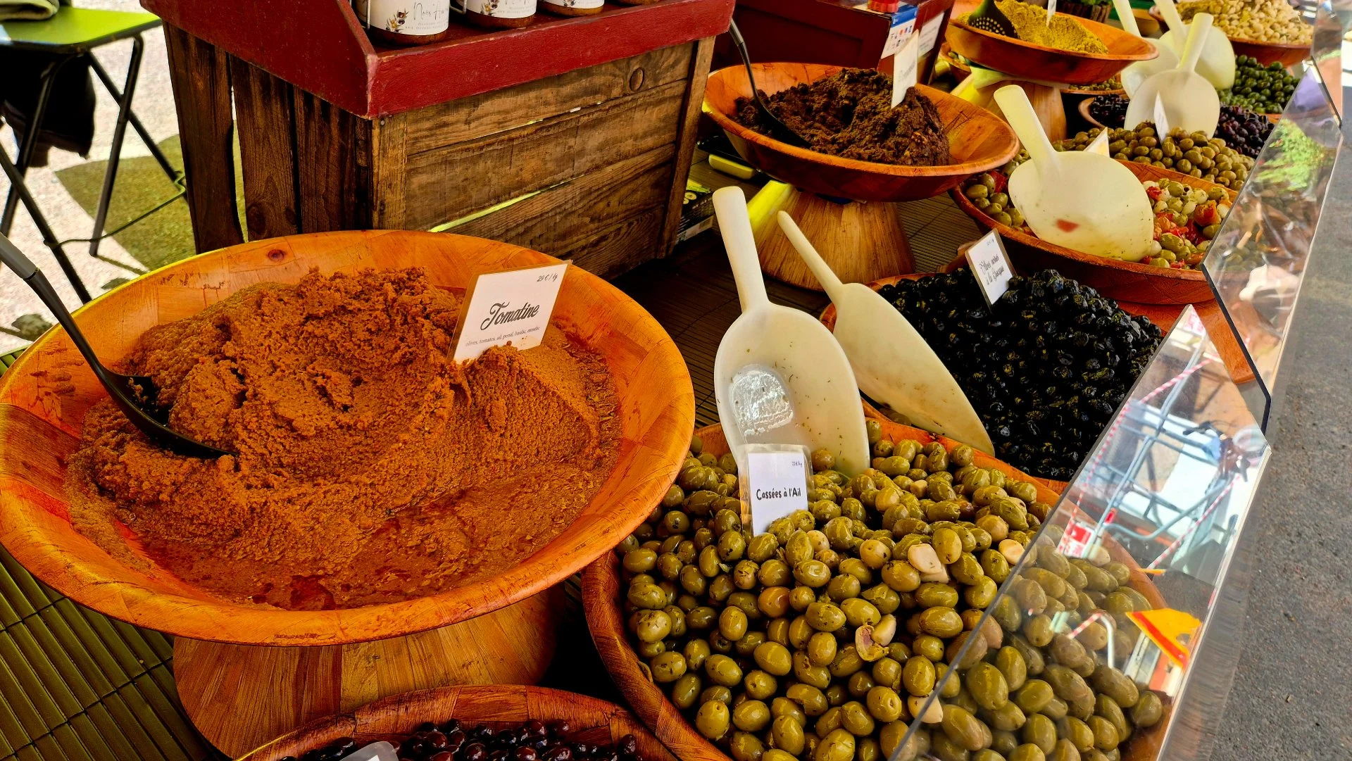 a picture of a bowl of tomatine and olives at la pomponette-olive-stall 