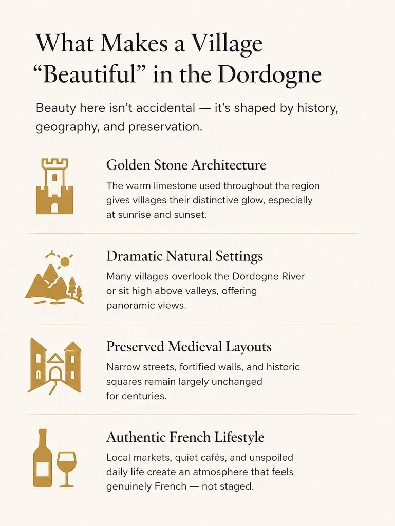 Text listing the qualities of a beautiful village in the Dordogne, including Golden Stone Architecture, Dramatic Natural Settings, Preserved Medieval Layouts, and Authentic French Lifestyle. Each section has a small gold icon next to it.