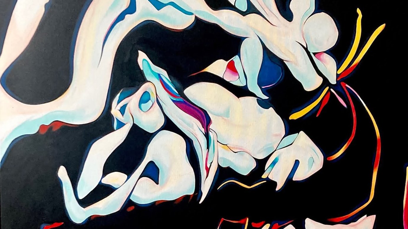 Abstract acrylic painting by Cyril Zacharian, featuring flowing white forms against a black background with vivid red, blue and yellow accents