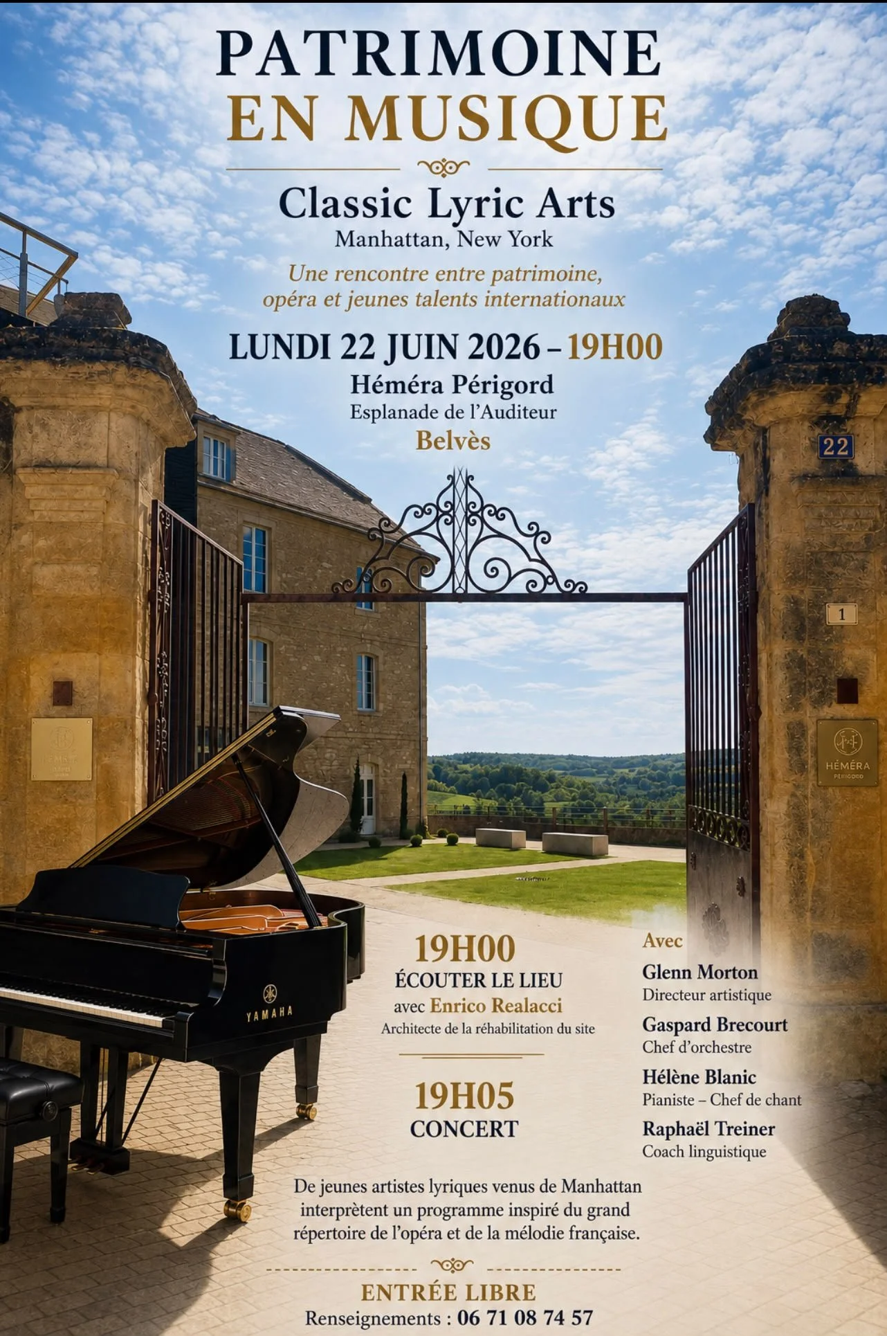 A poster for Belves patrimoine en musique with a picture of the gates of the co working space and a piano in front of the  gates