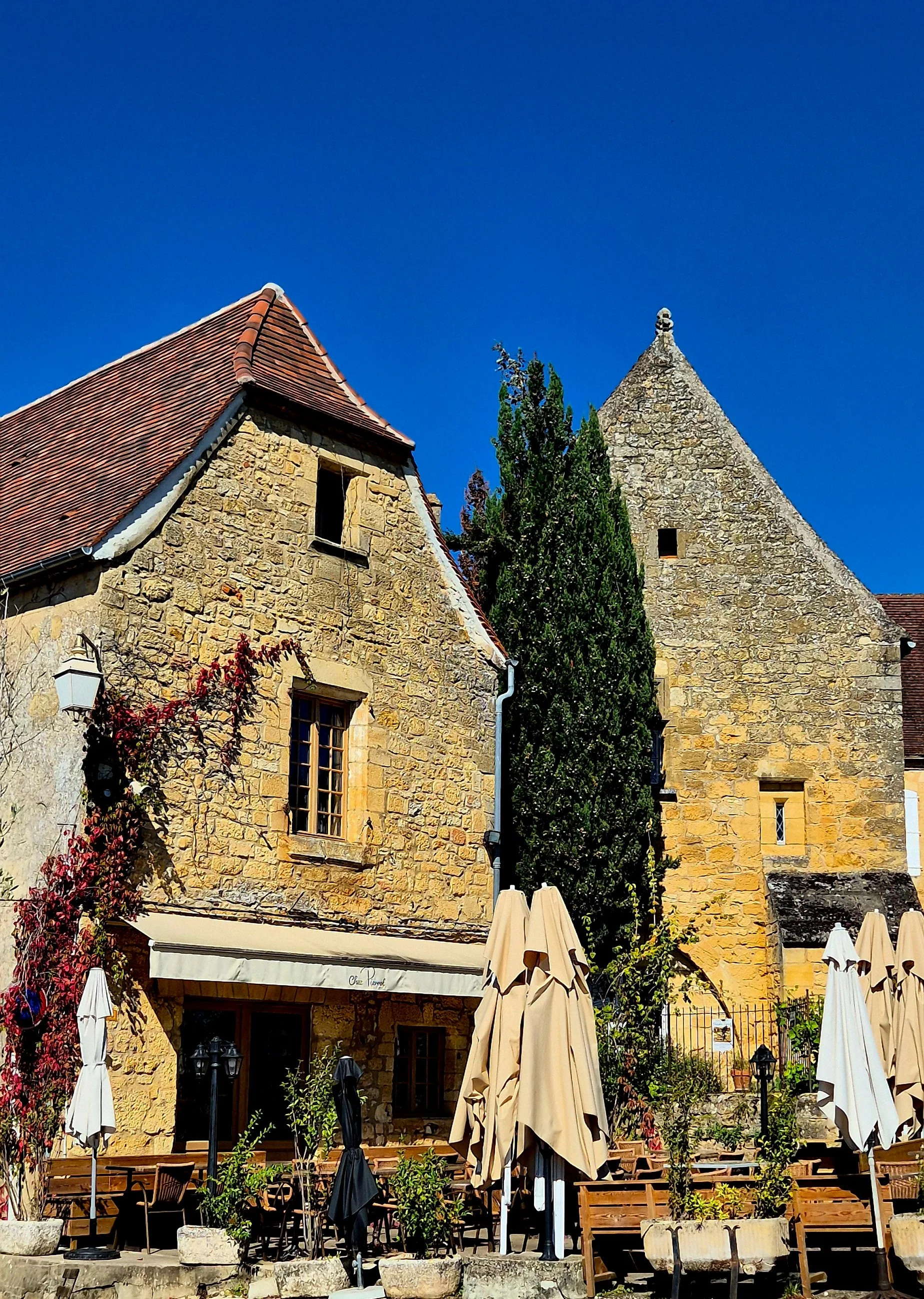 A scenic view of a historic stone building in Domme, Dordogne with a red-tiled roof and small windows, complemented by tall trees and outdoor seating with umbrellas under a bright blue sky.