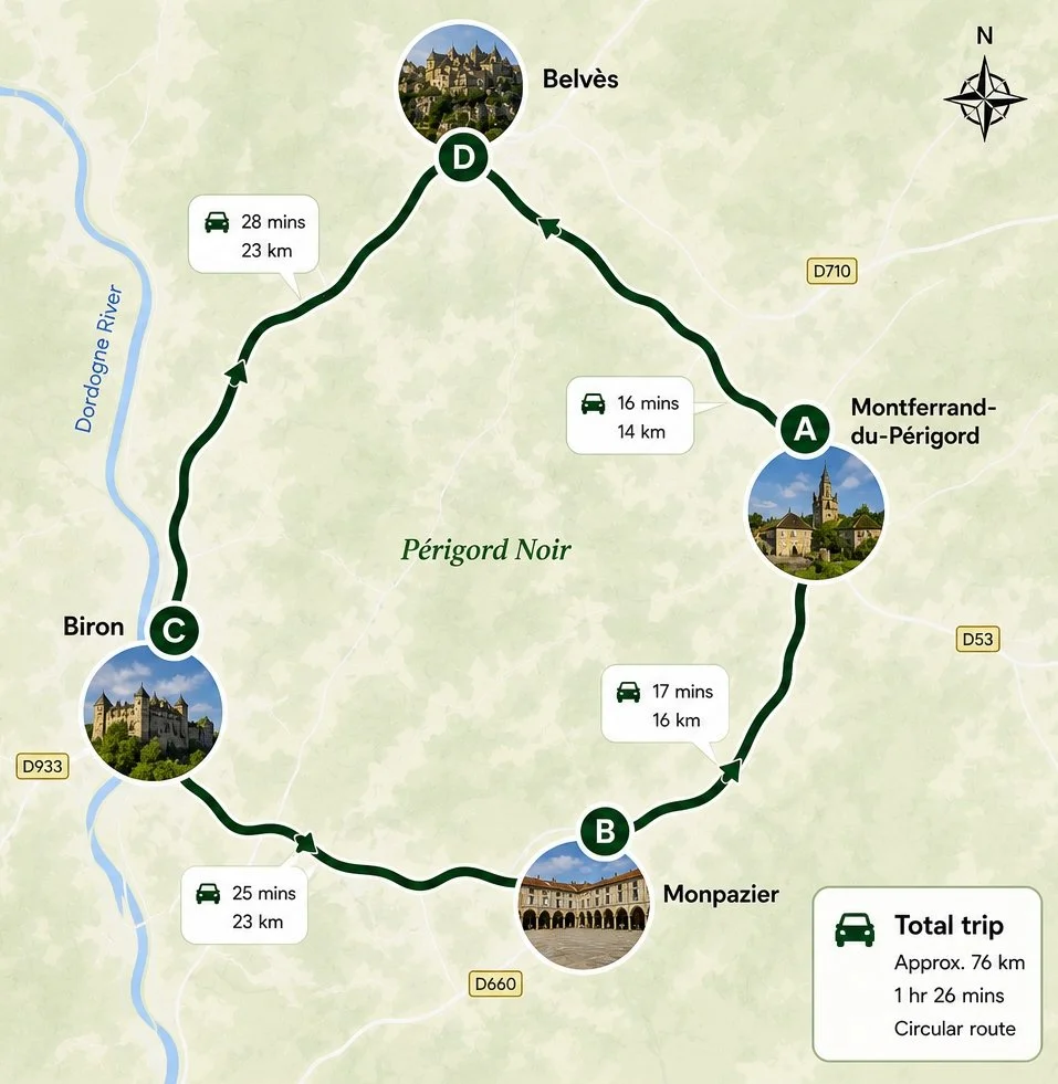 Map showing a circular driving route through Périgord Noir, France, connecting Montferrand-du-Périgord, Monpazier, Biron, and Belvès. The route covers approximately 76 km and takes about 1 hour and 26 minutes, with individual segments detailed with travel times and distances.