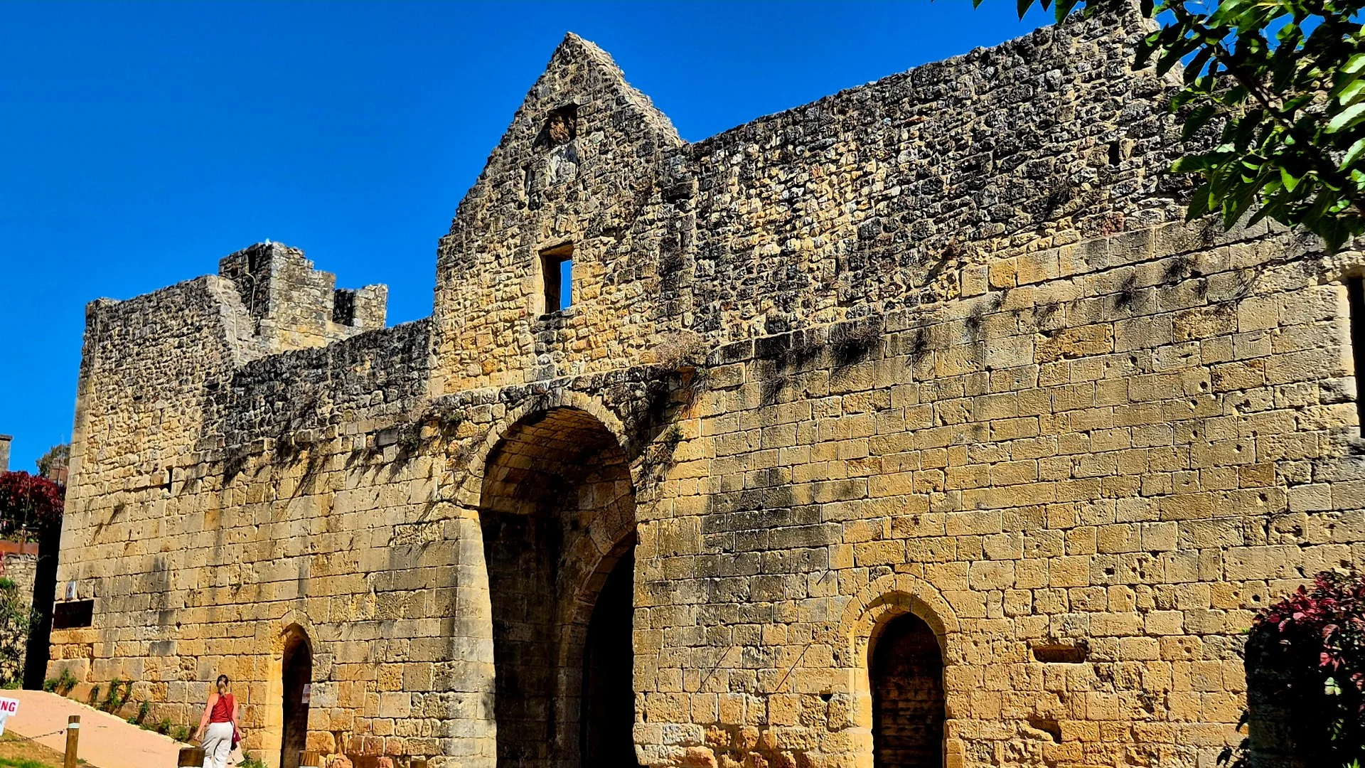 View of fortified medieval wall in Domme, Dordogne