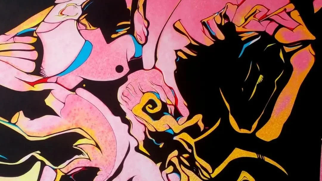 Abstract acrylic painting by Cyril Zacharian, with flowing pink, black and gold forms and fragmented figurative details.