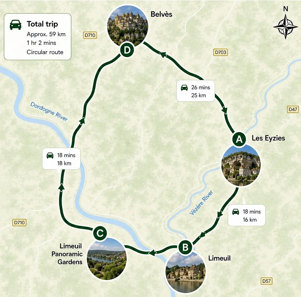 Map of a circular driving route visiting Les Eyzies, Limeuil, and Belvès along the Dordogne River and Vézère River, with estimated times and distances for each segment.