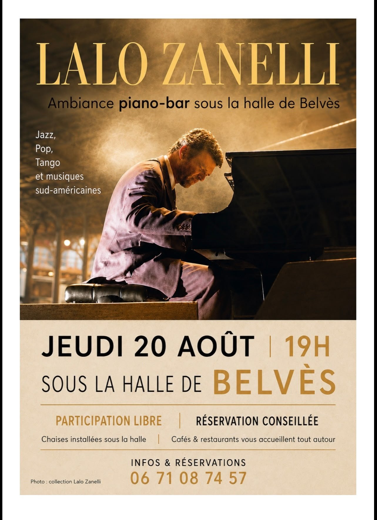 Poster for Lalo Zanelli piano-bar concert under the Halle in Belvès on 20 August 2026.