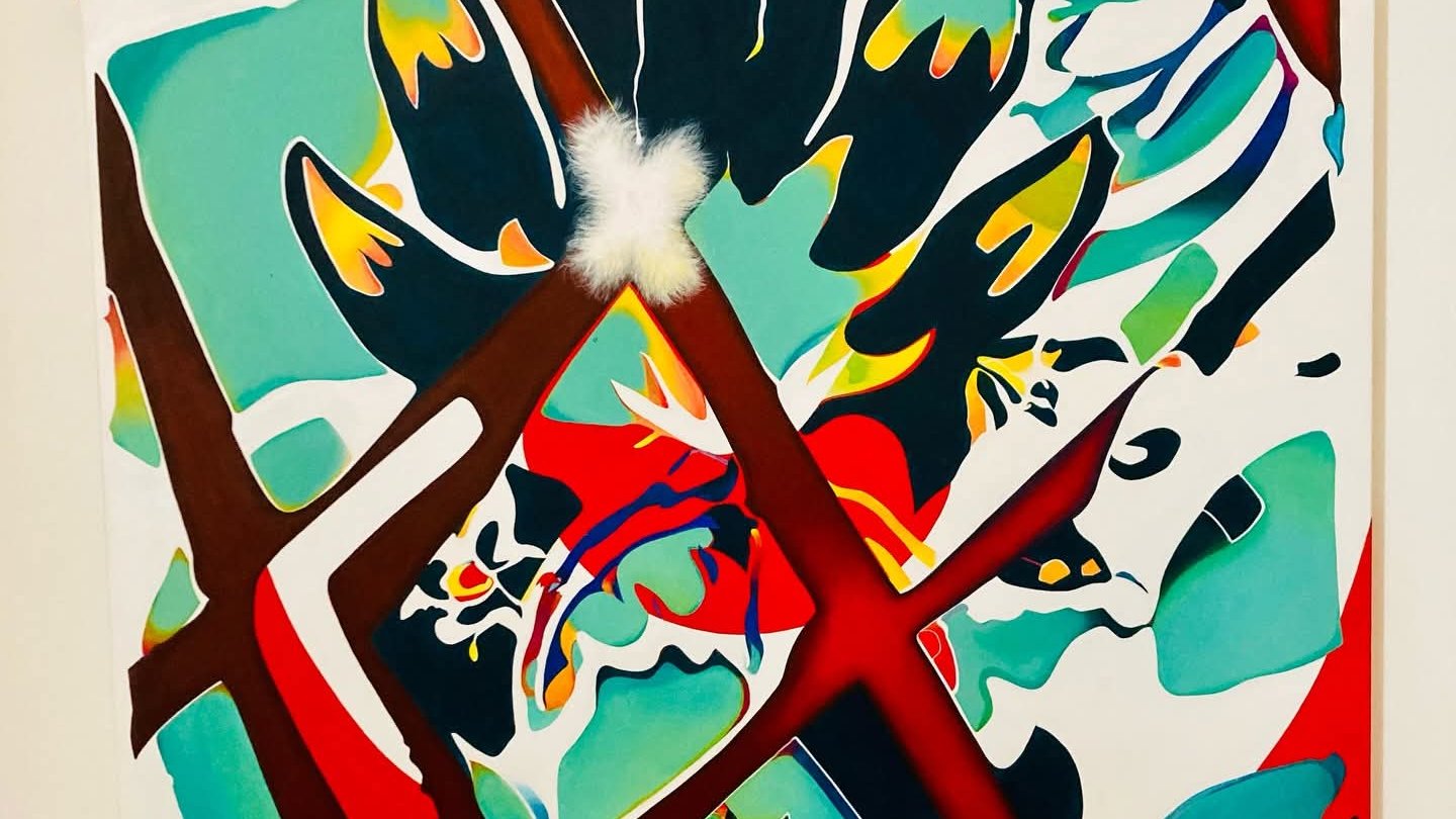 Abstract acrylic painting by Cyril Zacharian, featuring turquoise, white, red and dark geometric forms with sweeping lines.