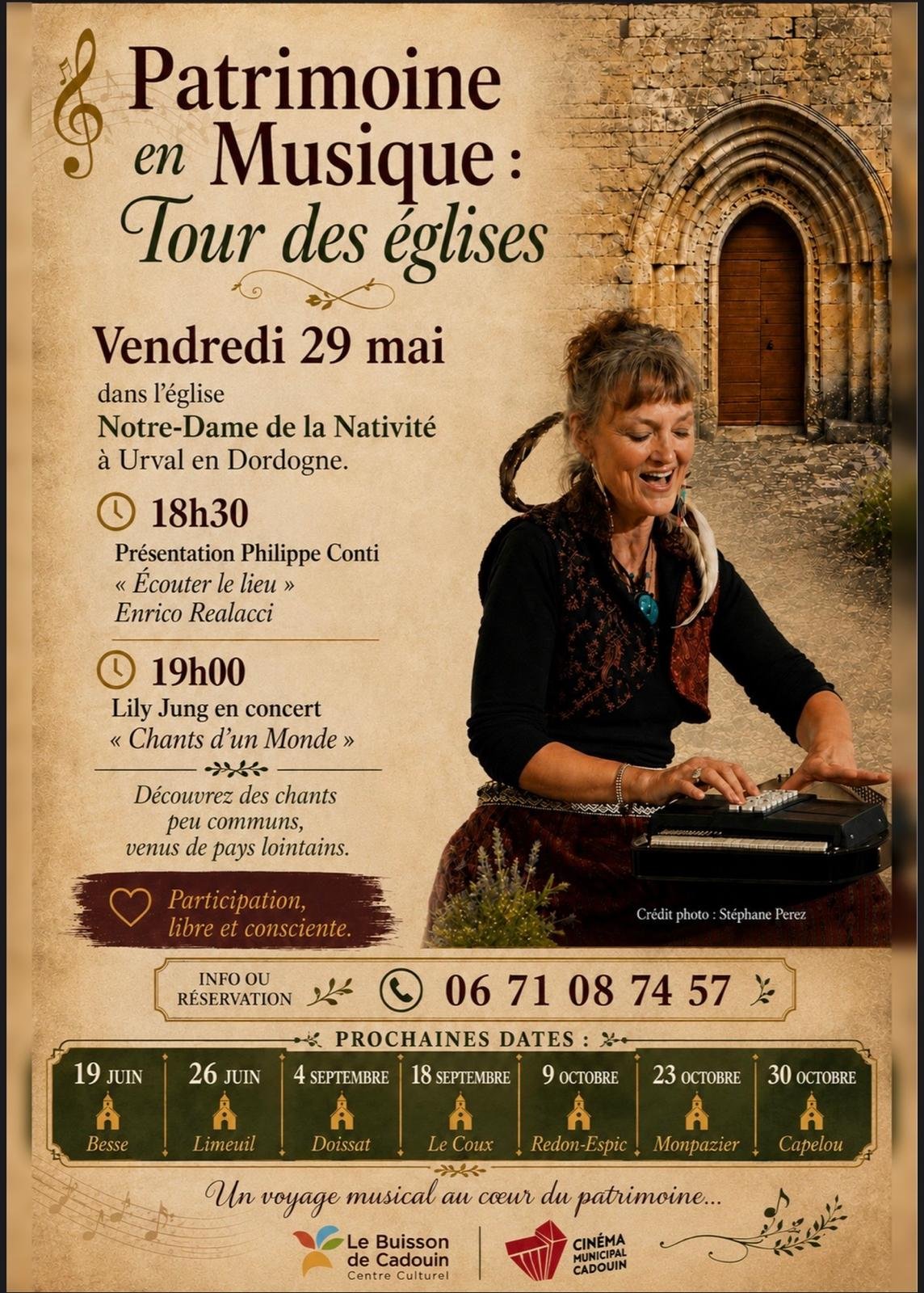 Poster for a music event called 'Patrimoine en Musique: Tour des églises' on May 29 at Notre-Dame de la Nativité Church in Urval, Dordogne. Features schedule with Philippe Conti's presentation at 6:30 PM and Lily Jung's concert at 7:00 PM. Includes a photo of a woman playing a keyboard outside an old church entrance. Additional info about future dates and sponsors.