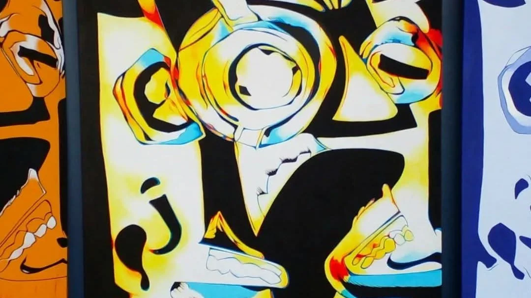 Contemporary acrylic painting by Cyril Zacharian, combining fragmented figurative forms in black, white, yellow and blue.