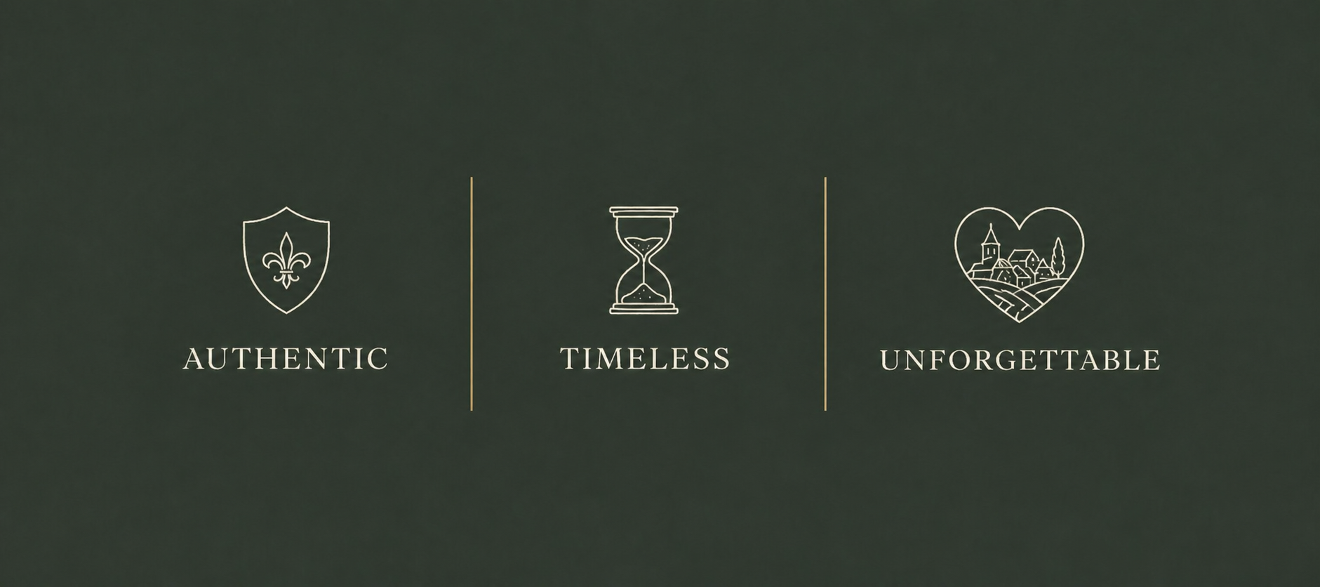 Graphic design with three icons and words: a shield with fleur-de-lis and 'Authentic', an hourglass with 'Timeless', and a landscape within a heart with 'Unforgettable' on a dark green background.
