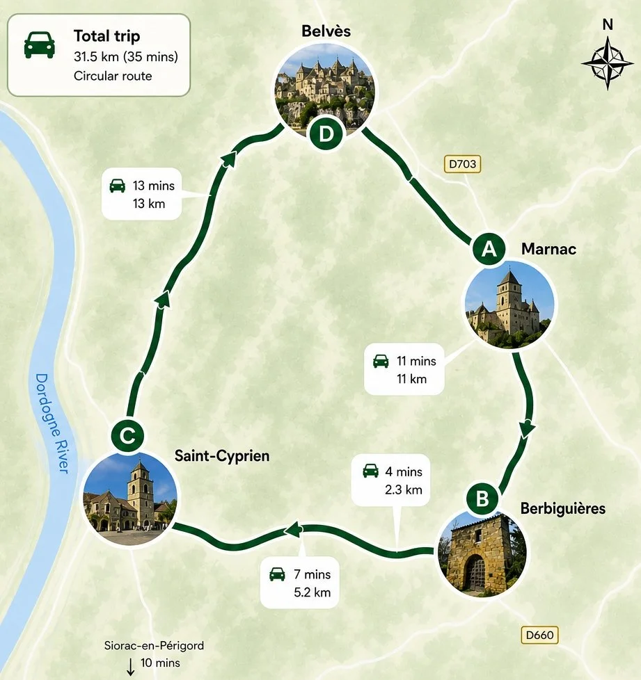 Map of a circular trip in the Dordogne region showing stops at Marnac, Berbiguières, Saint-Cyprien, and Belvès with travel times and distances, and icons of a castle and a church.