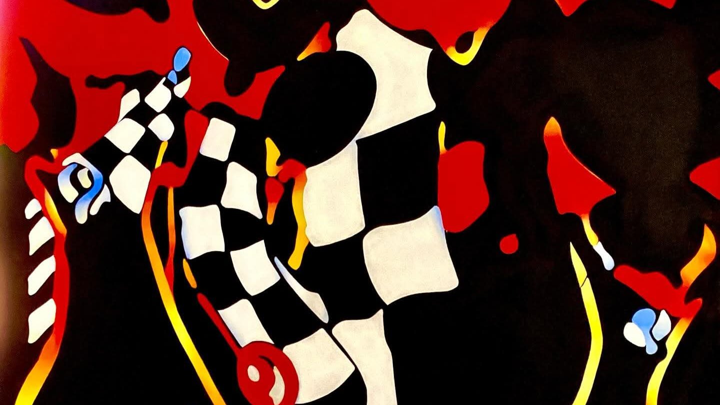 Abstract acrylic painting by Cyril Zacharian, with bold red, black and white forms accented by yellow and blue.