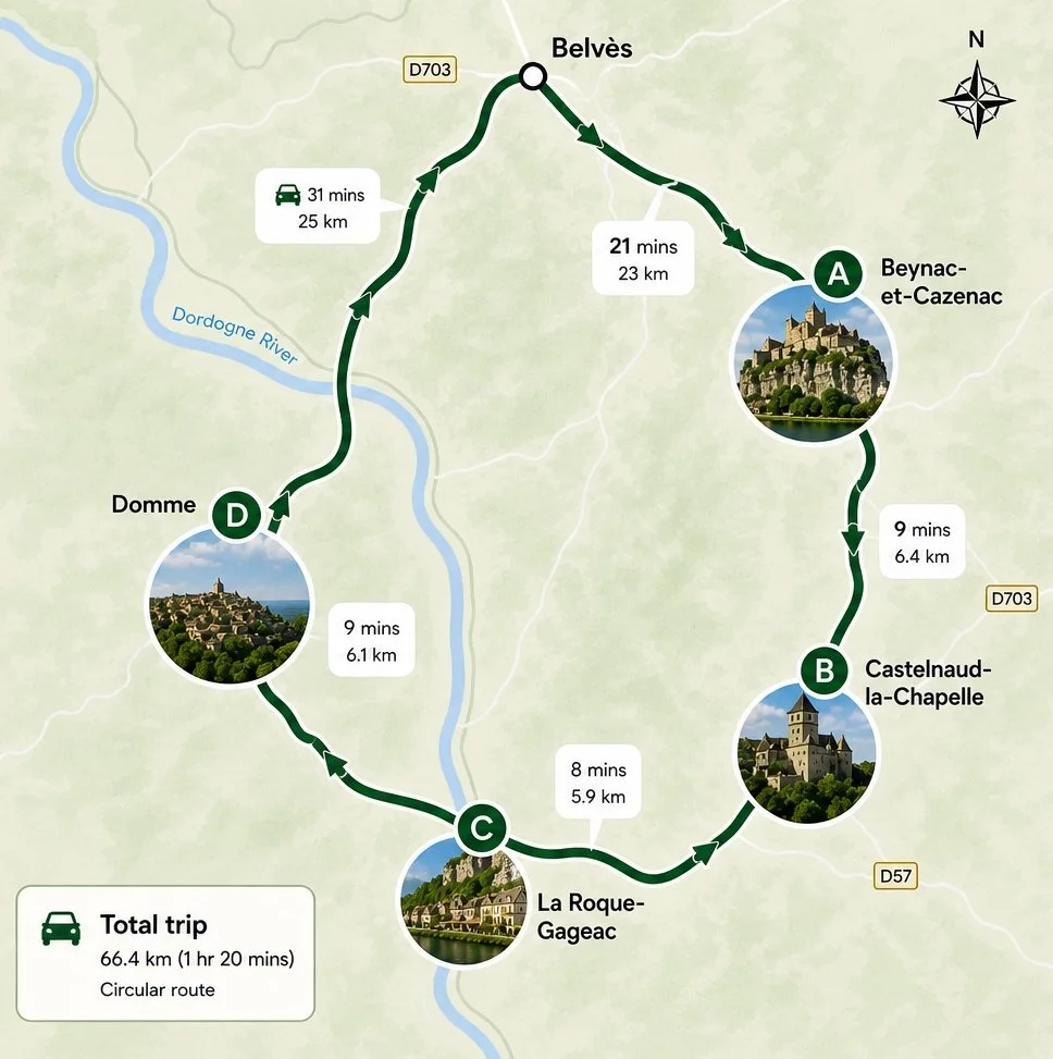 Map of a circular driving route in France with four stops: Beynac-et-Cazenac, Castelnau-la-Chapelle, La Roque-Gageac, and Domme. Total trip duration is 1 hour 20 minutes, covering 66.4 km. The route follows the D703 and D57 roads along the Dordogne River, with distances and estimated travel times between stops.