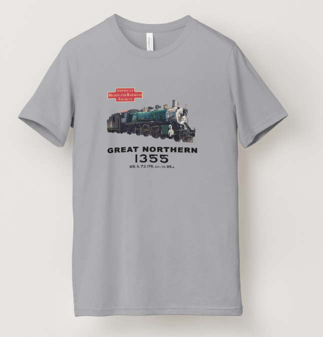 Gray t-shirt with vintage steam locomotive graphic, 'Great Northern 1355' text, and American Heartland Railroad Society logo.
