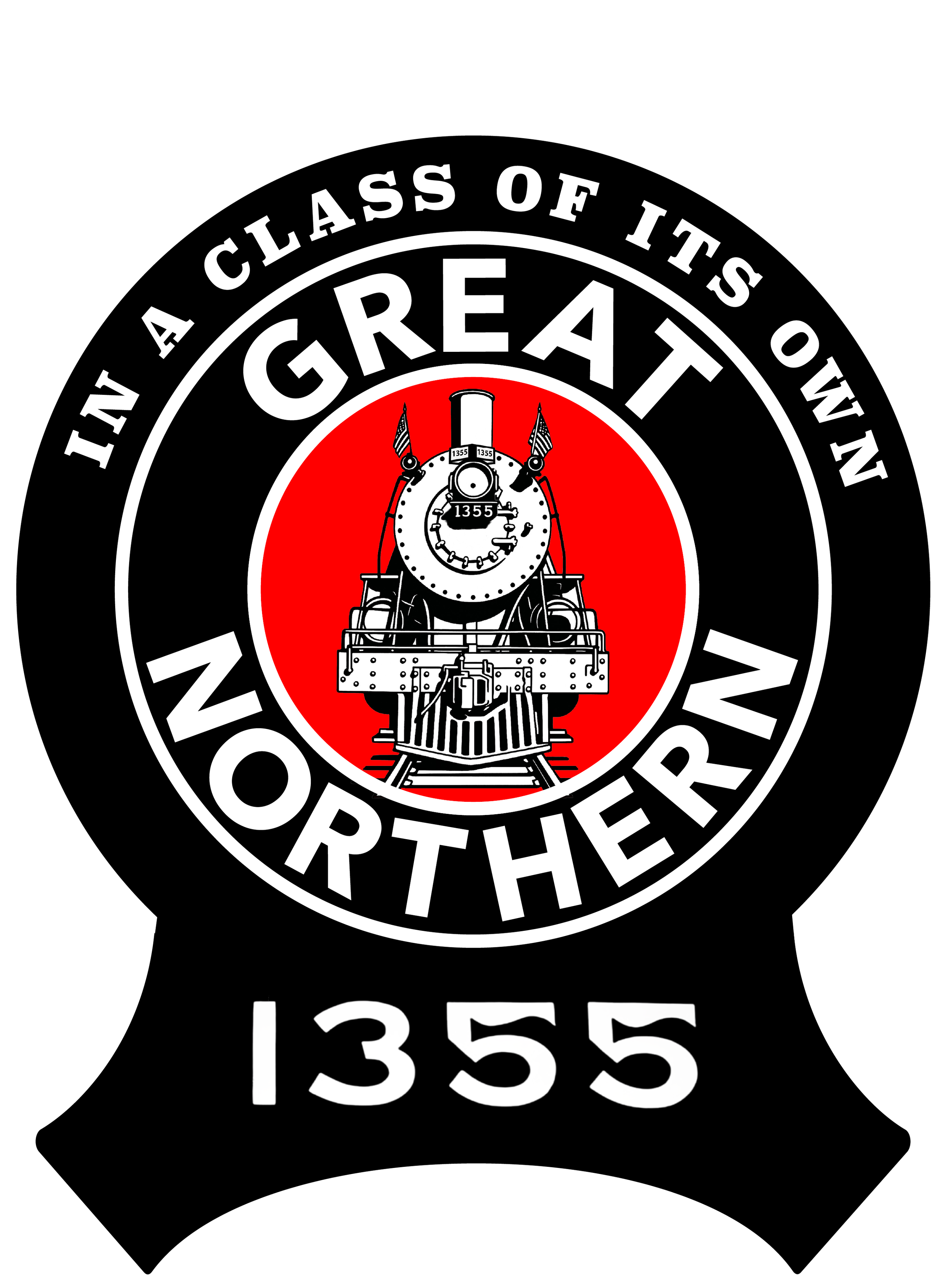 Badge with a black background, featuring a red circle with a black and white steam locomotive in the center. The text reads 'In a class of its own, great northern 1355'.