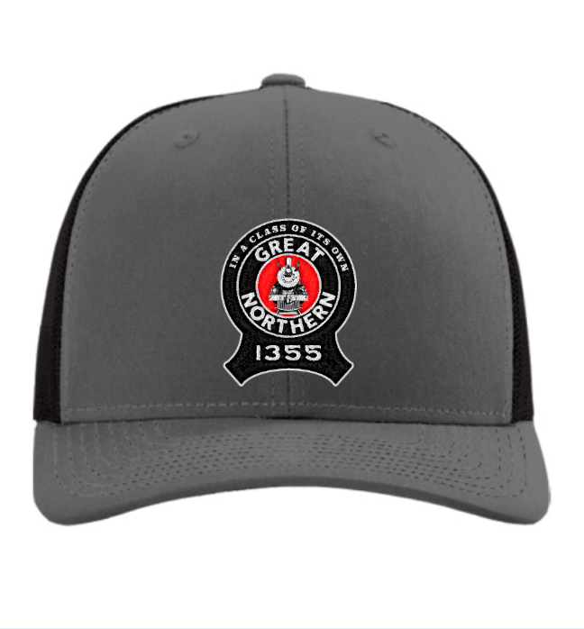 Gray and black baseball cap with a patch reading "In a class of its own, Great Northern, 1355" and a train illustration.
