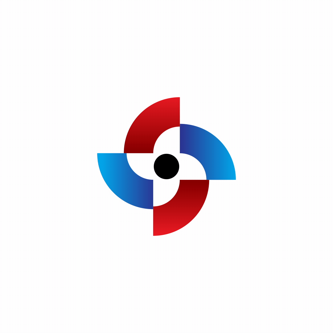 HVAC+ abstract logo with red and blue petal shapes and central black circle design