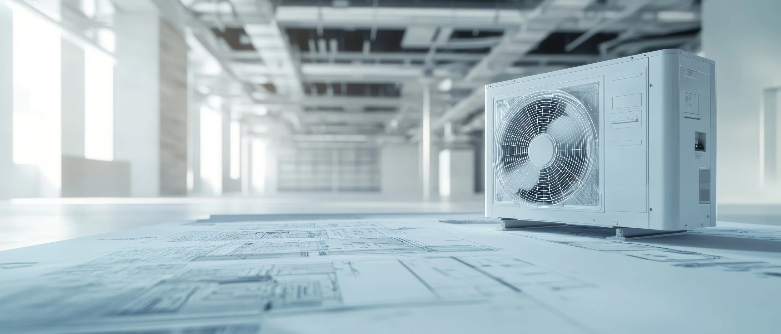 Industrial air conditioning unit in a large, empty room with architectural blueprints.
