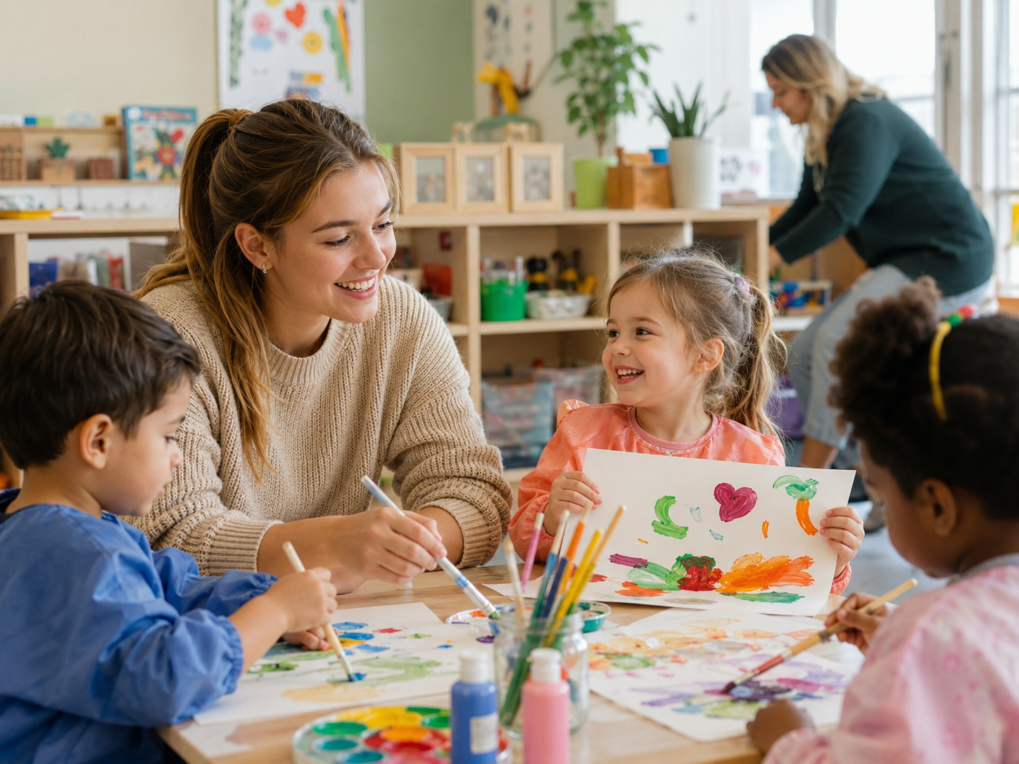 Een vrouw leert jonge kinderen in een klas te schilderen, ze lachen en genieten samen.