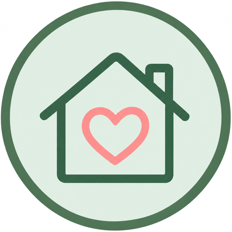 Een cirkelvormig badge met een huis en een roze hart in het midden.