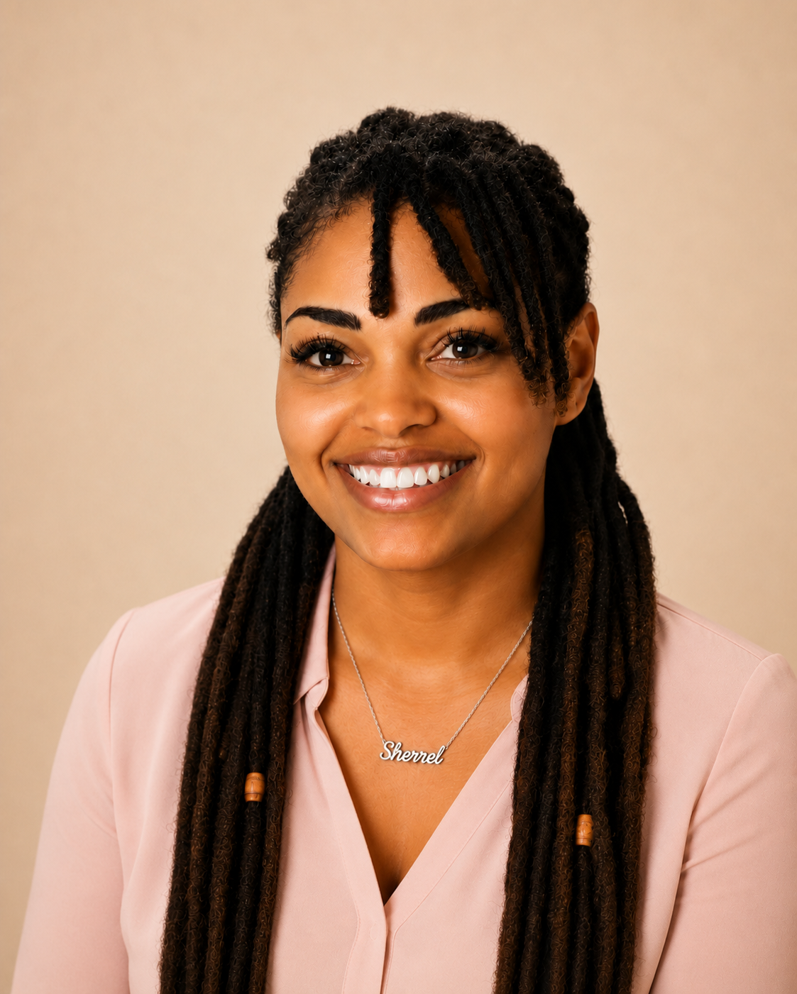 Portret van een lachende vrouw met dreadlocks en een zilveren ketting met de naam 'Sherrel'.