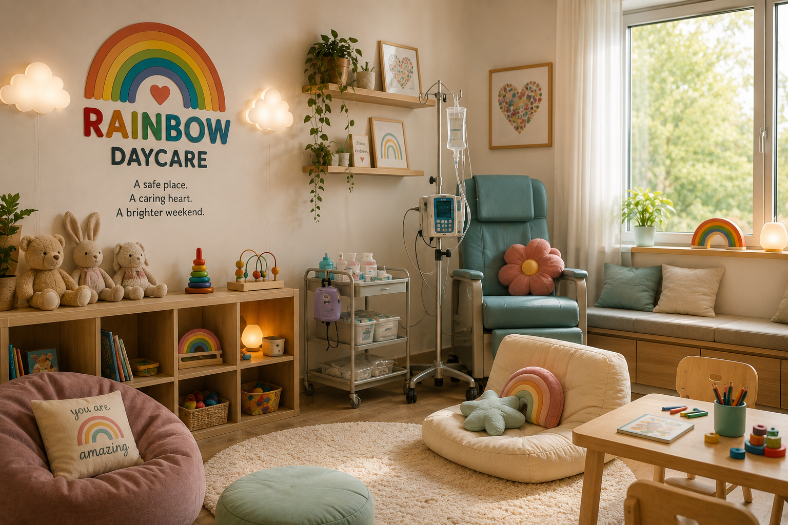 Kinderkamer met versieringen en speelgoed, met een muurdecoratie met regenboog en tekst, een ziekenhuiskar in de kamer, en meubels zoals een roze zitzak met kussen, een lage tafel met tekenmateriaal, en een grote raam met uitzicht op groen buiten.
