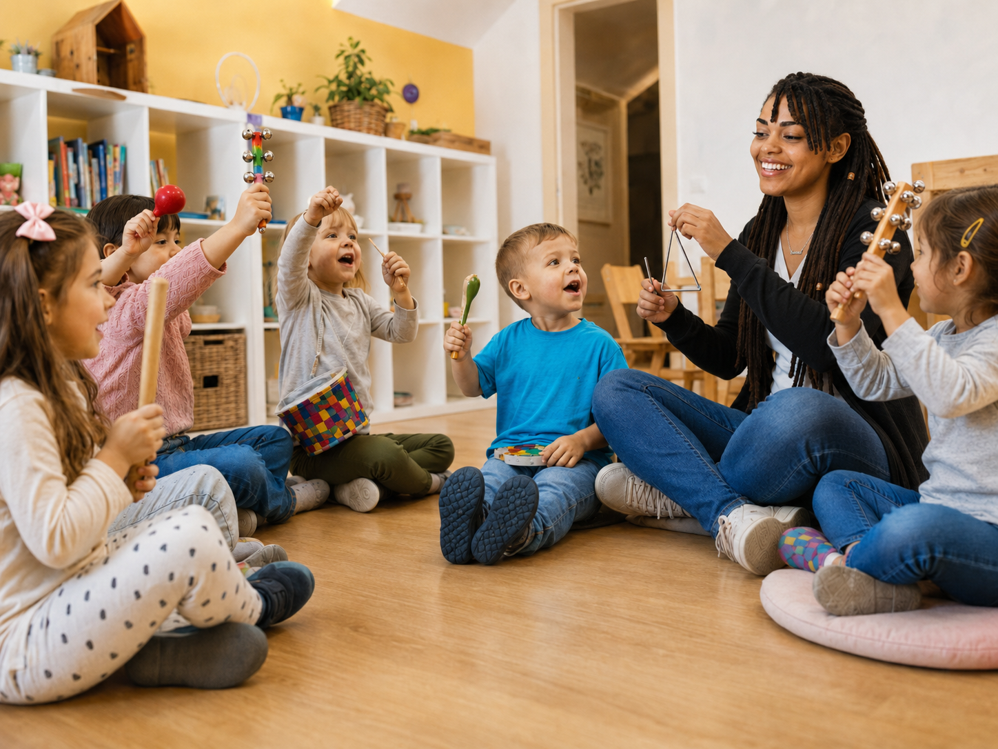Een groep jonge kinderen en een vrouw die muziek maken en plezier hebben in een kamer met een witte boekenplank en decoraties.