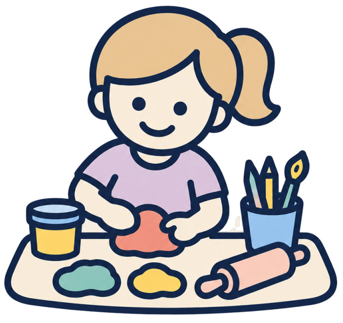 Een cartoon van een glimlachende jong meisje dat klei boetert aan een tafel met verschillende scheppen en een deegroller.