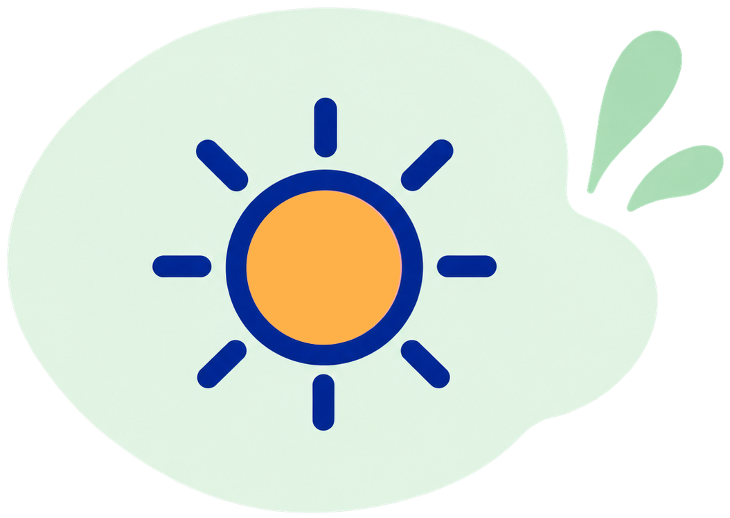 Illustratie van de zon met stralen op een lichtgroene achtergrond.