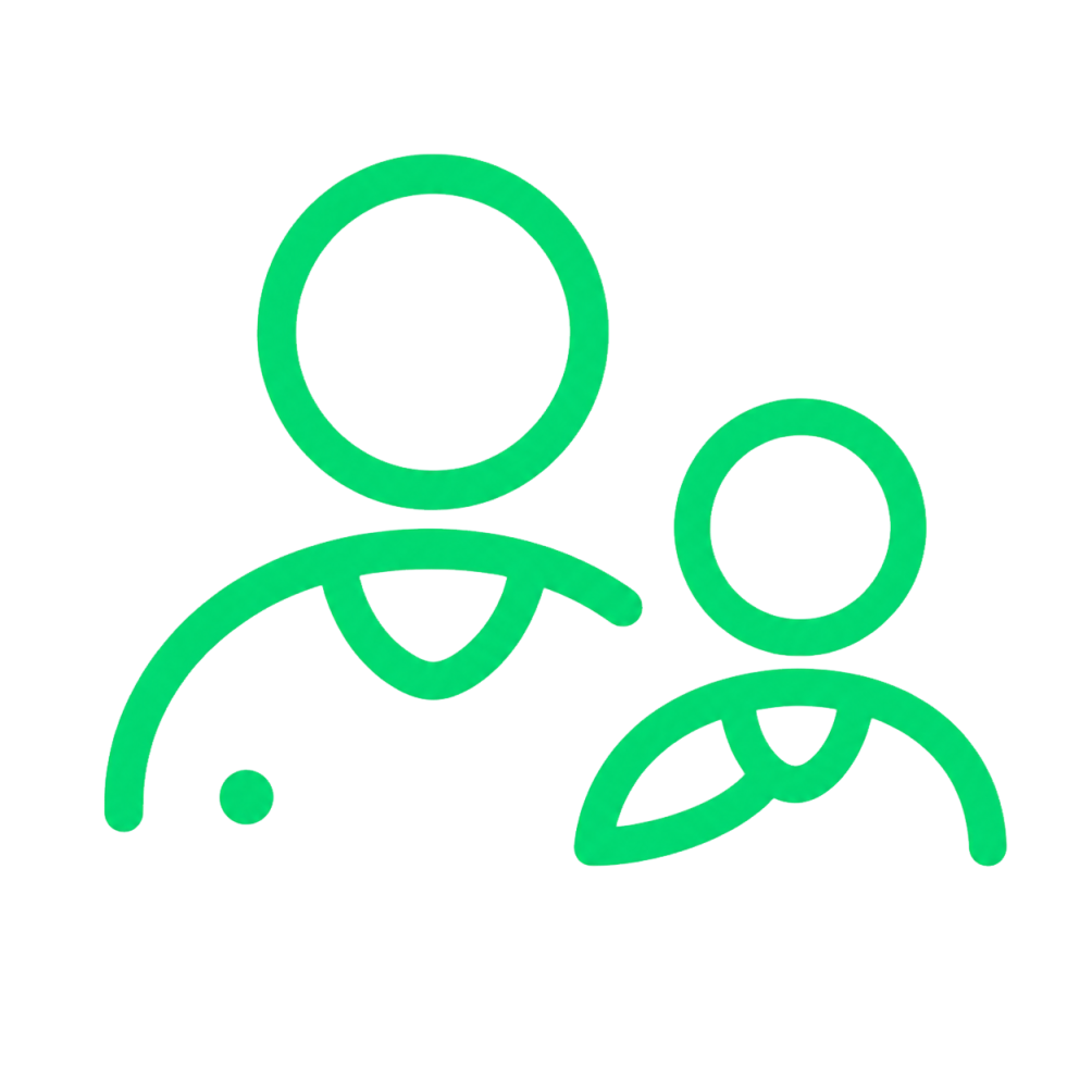 Icon van drie mensen, een persoon met een pen, een persoon met een grafiek, en een persoon met een boek, symboliseert team, planning en onderwijs.