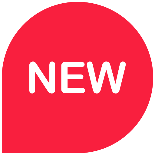 Een rood cirkelvormig label met de tekst 'NEW' in witte letters