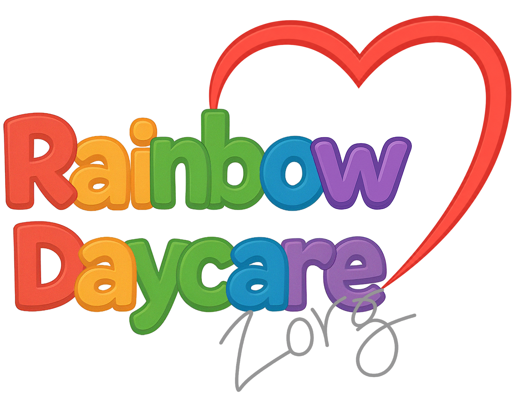 Levendige tekst met de woorden 'Rainbow Daycare' in felle, kleurrijke letters, met een grote rode hartvormige ballon op de achtergrond.
