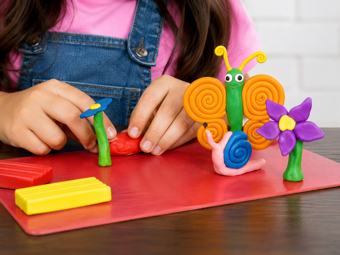 Een kind dat klei- of plastiekfiguurtjes van een vlinder, snail en bloem maakt op een rood matje.