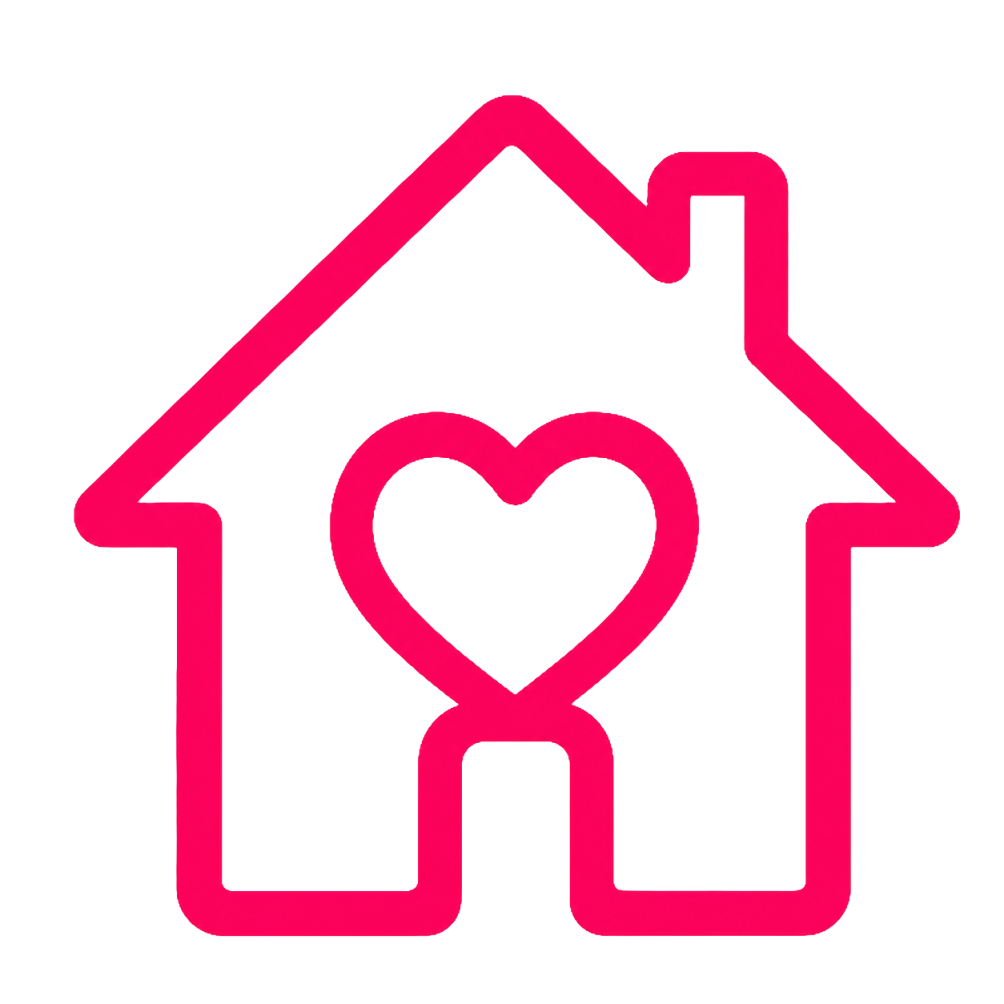 Een iconisch beeld van een huis met een hart erin, afgebeeld in roze en rood, symboliseert huis en liefde of warmte.