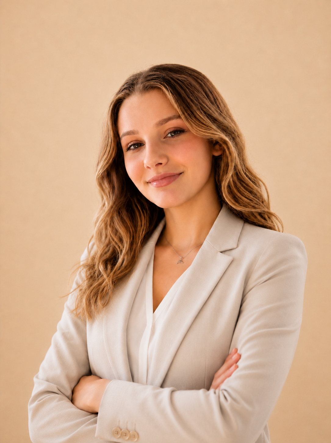 Portret van een jonge vrouw met gekruld bruin haar die glimlacht, gekleed in een lichtkleurig blazer en witte blouse, met een achtergrond in beige tint.