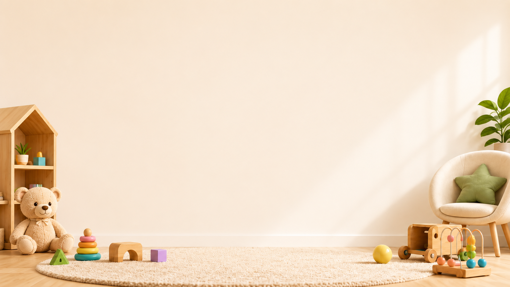 Een kinderkamer met speelgoed, een knuffelbeer, een zachte ronde mat, een stoel met een groen kussen, planten, en houten speelgoed, allemaal in een lichte, rustige kleurenpalet.