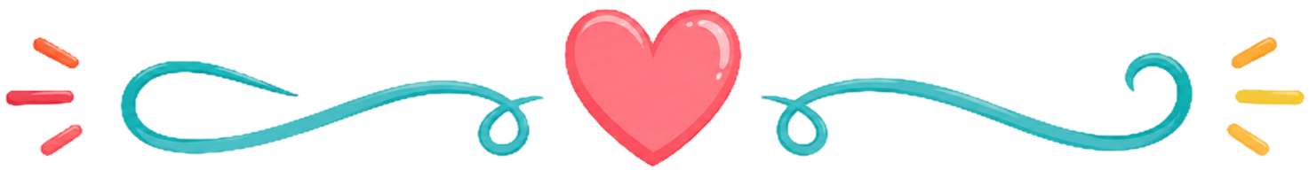 Decoratieve tekstinrichting met een roze hart en blauwe sierlijke lijnen als versiering.