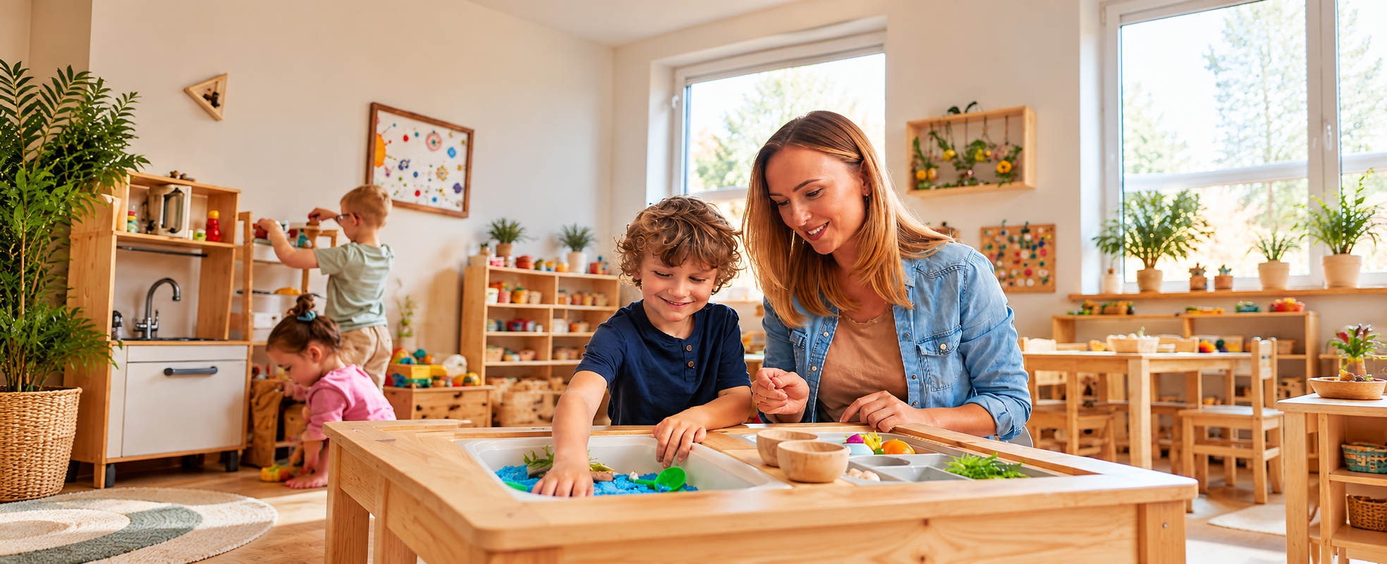 Vrouw en jonge jongen spelen samen met zand in een speeltafel in een kleurrijke en natuurlijke kinderkamer, met andere kinderen die spelen op de achtergrond