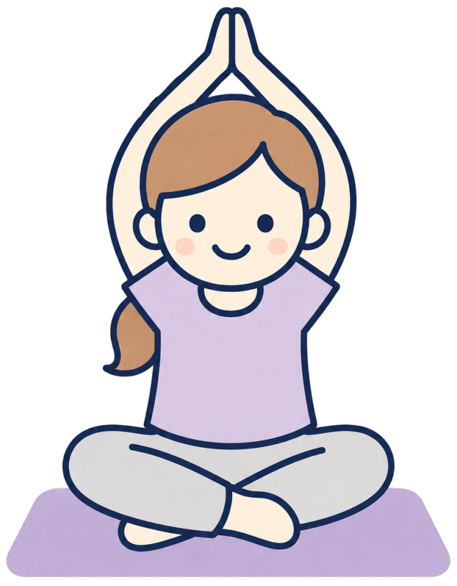 Een cartoon meisje die in een yogapositie zit met gekruiste benen, handen boven het hoofd gevouwen, op een paarse mat.