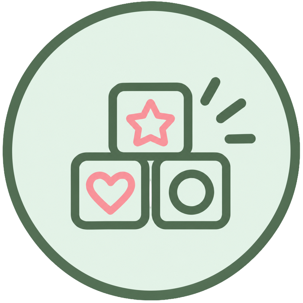 Icon van drie blokken met hart, ster en cirkel, met uitroeptekens erboven, op een lichte achtergrond.