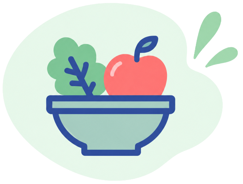 Een illustratie van een kom met groenten en fruit, inclusief een tomaat en een blaadje salade.