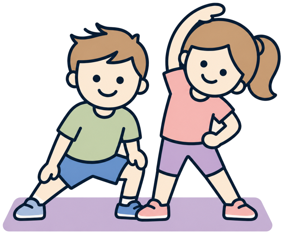 Twee kinderen, een jongen en een meisje, doen een stretch oefening samen op een mat.