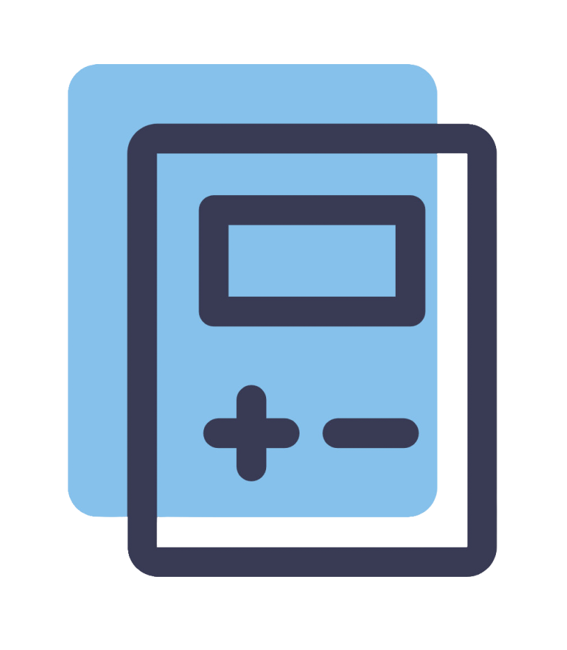 Illustratie van een digitale zakrekenaar in blauwe en donkere tinten.