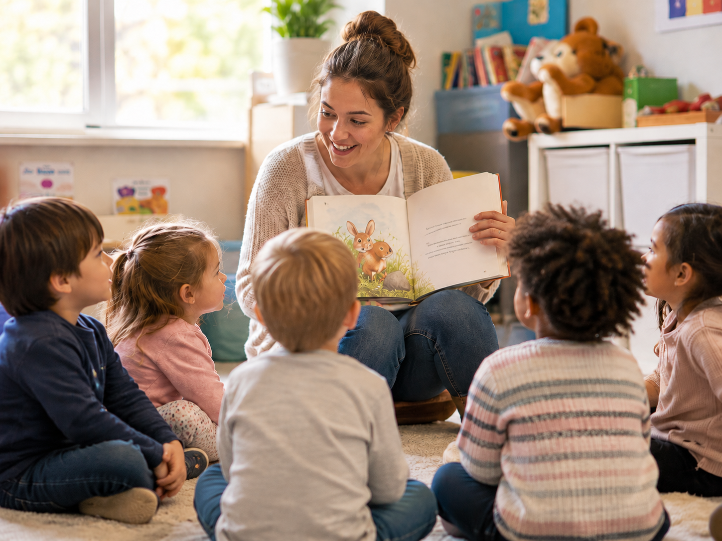 Een vrouw leest voor aan een groep jonge kinderen terwijl ze op de grond zitten, in een kleurrijke en gezellige klasomgeving.