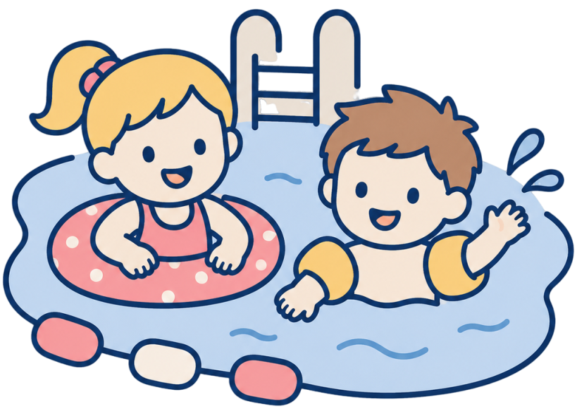 Twee kinderen spelen in een zwembad met een ladder op de achtergrond, een meisje met een zwemband en een jongen die water spettert.
