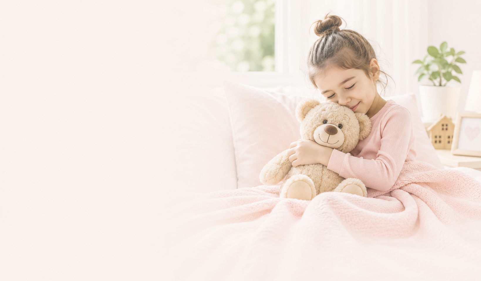 Een meisje met een vlecht die in een roze trui zit en knuffelt met een teddybeer in een lichte slaapkamer.