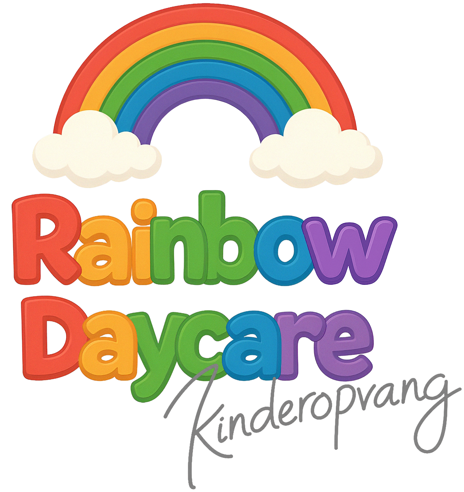 Kleurrijke tekst die zegt 'Rainbow' en 'Reading' met een regenboog en wolken op de achtergrond.