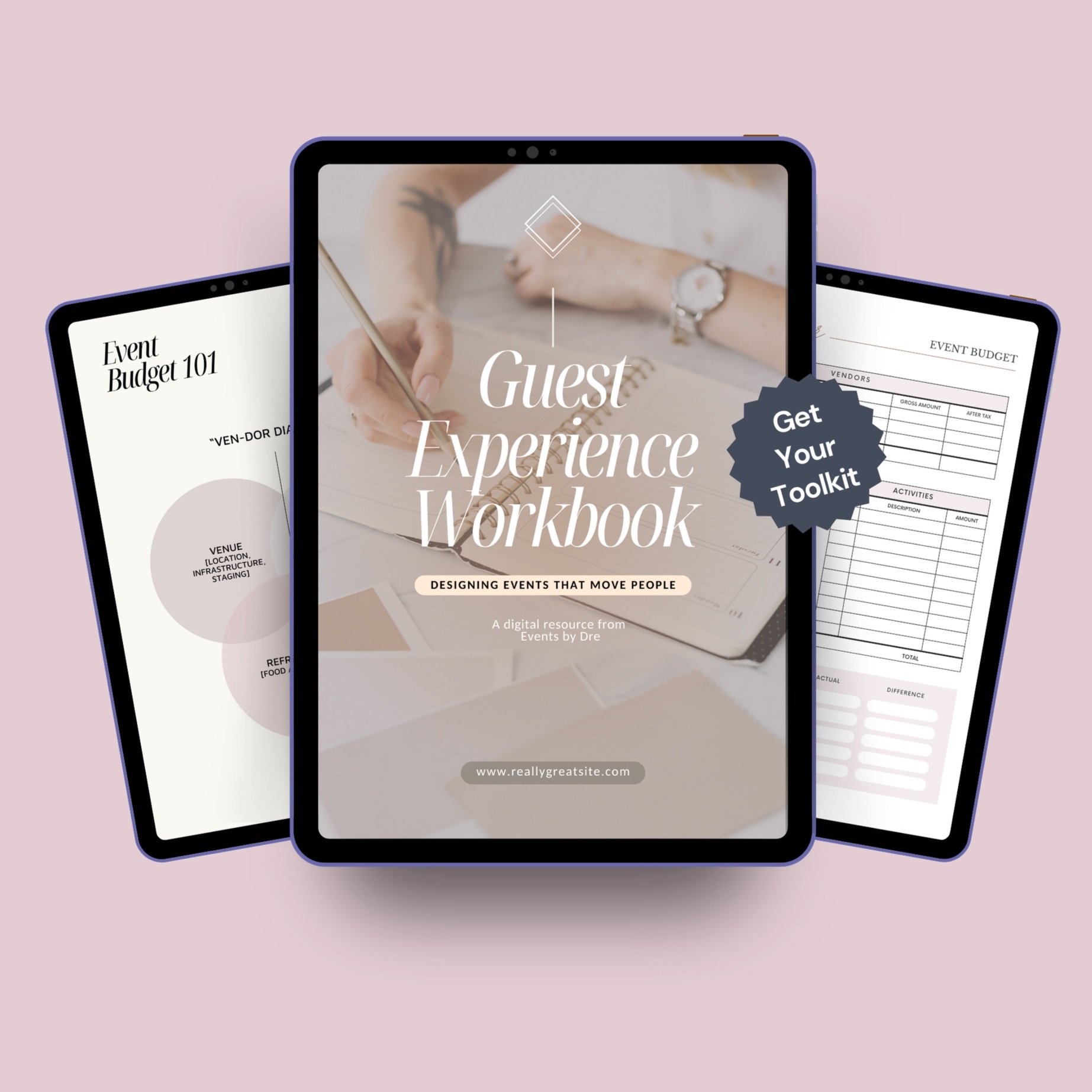 Digital guidebook titled "Guest Experience Workbook" with a cover photo of a person writing in a notebook, surrounded by event planning documents and templates, displayed on three tablets against a pink background.