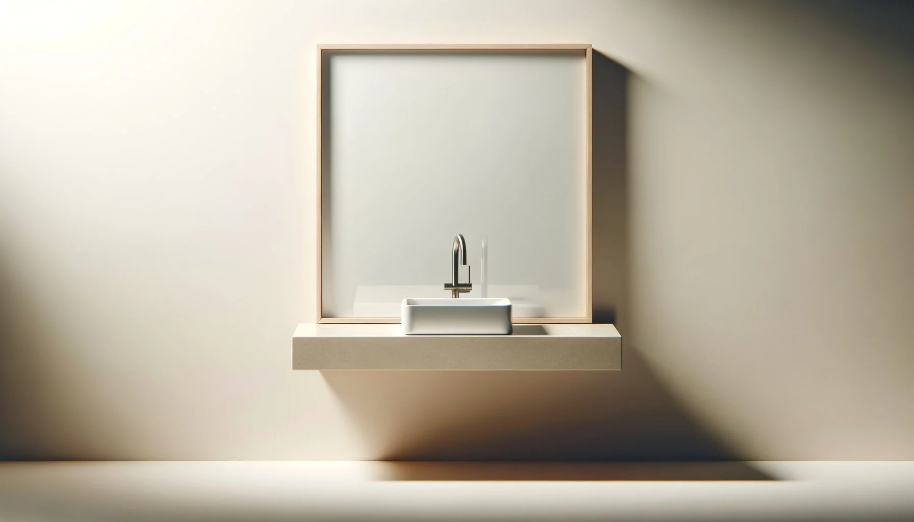 Minimalist bathroom sink with rectangular mirror and gray backsplash