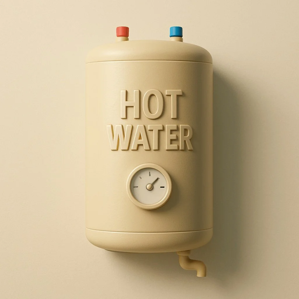 Cream-colored hot water heater with a gauge, labeled "HOT WATER" with red and blue knobs.